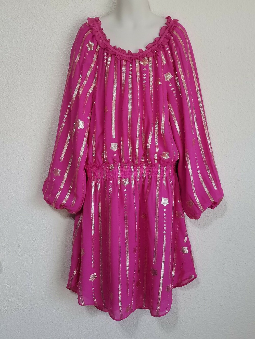 LoveShackFancy Mini Popover Dress in Very Berry Hot Pink Gold Metallic